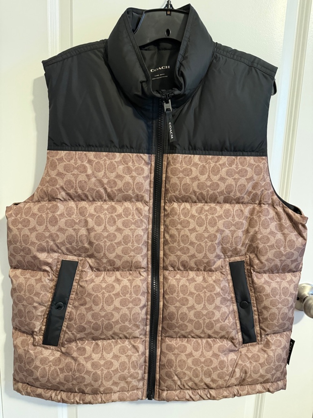 NWT! Coach Brown Signature Canvas Puffer Vest with Black Yoke